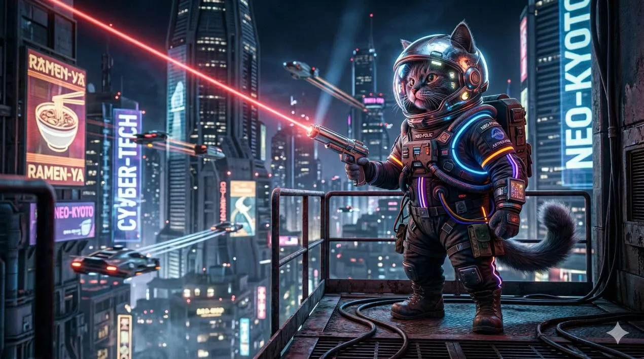 Nano Bnanana 賽博龐克太空貓範例圖 (1)